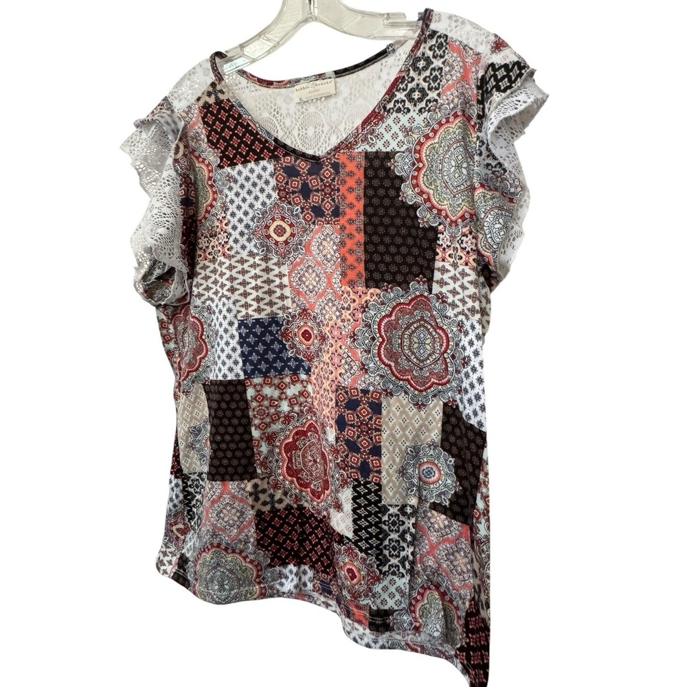 Bobbie Brooks XL Patchwork Print Top Boho Style Short Sleeve Casual Womens Shirt